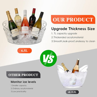Plastic Ice Buckets 2 Pack, 6.5 Liters Large Ice Buckets for Parties, Portable Champagne Bucket Storage Ice Container with Scoops, Beverage Tub Bar Supplies for Drinks, Wine, Beer, Cocktail
