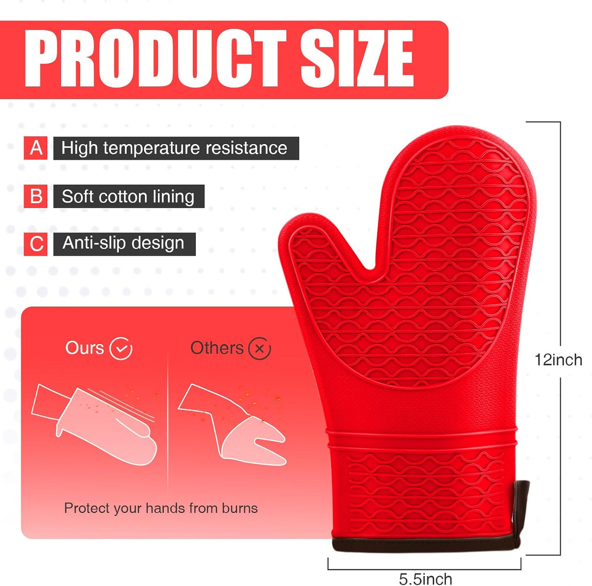 Silicone Oven Mitts, Heat Resistant 2PCS Oven Mitts with Soft Cotton Lining, Waterproof Non-Slip Grip Oven Glove, Kitchen Potholder Mits for BBQ, Baking, Cooking, 12.5 Inch - Grey