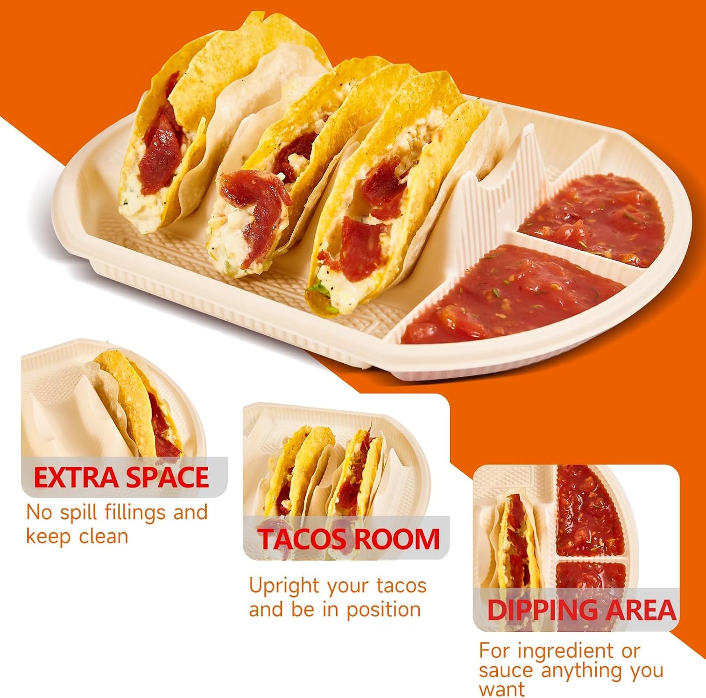 24 PCS Large Disposable Taco Holder for Party, Cornstarch Plates, Stand for 3 Tacos, 2 Dipping Areas, Fiesta Trays for Tuesday, Bar Serving Set, Microwave Safe