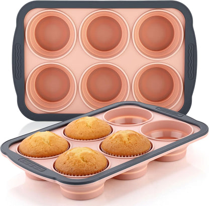 2 Pack Silicone Muffin Pan for Baking with Metal Frame, Collapsible 6 Cup Cupcake Baking Tray, Nonstick Bpa Free Silicone Muffin Tins for Oven, Dishwasher Safe Foldable Cupcake Molds (Pink)