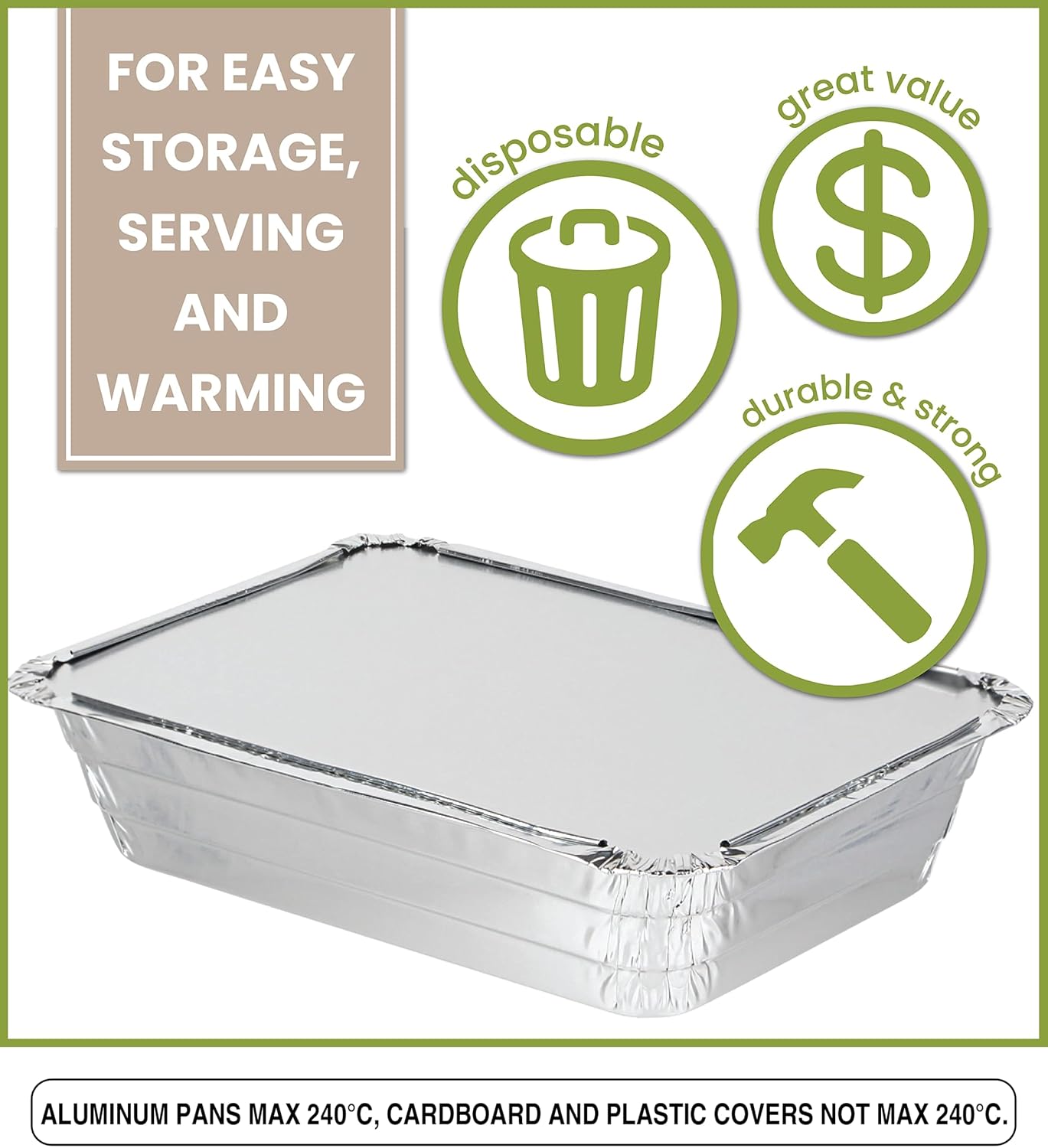 PARTY BARGAINS 4 lb Aluminum Pans with Board Lids, 50 Pack – 12 x 8 in Disposable Foil Roasting & Steam Table Pans for Catering, Takeout, Meal Prep, Oven Safe up to 240°C