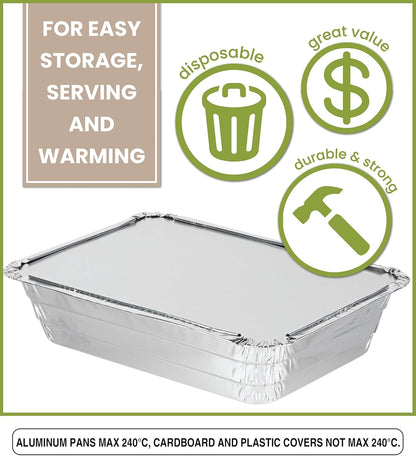 PARTY BARGAINS 4 lb Aluminum Pans with Board Lids, 50 Pack – 12 x 8 in Disposable Foil Roasting & Steam Table Pans for Catering, Takeout, Meal Prep, Oven Safe up to 240°C
