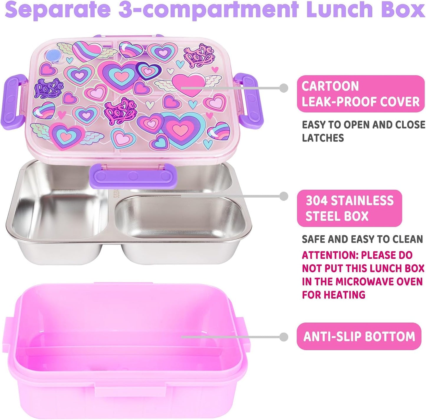 Stainless Steel Bento Lunch Box for Kids, 800ml/27oz BPA-Free Leak-Proof Food Containers with 3 Compartments, Freezer & Dishwasher Safe, Back to School Students Lunches Size for Ages 3-7
