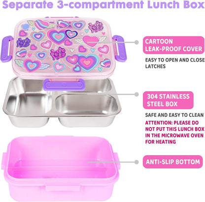 Stainless Steel Bento Lunch Box for Kids, 800ml/27oz BPA-Free Leak-Proof Food Containers with 3 Compartments, Freezer & Dishwasher Safe, Back to School Students Lunches Size for Ages 3-7