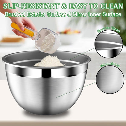 DUTZUN Mixing Bowls with Lids Set - 16pcs Stainless Steel Mixing Bowl Set with Colander, 3 Grater Attachments, Non-Slip Bottom, Metal Nesting Bowls with Strainer for Mixing & Serving - Black