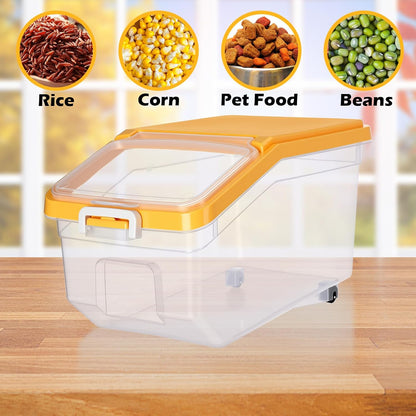 Sunnyray 4 Pcs Rice Storage Container 22 lb Airtight Flour Container with Wheels Measuring Cup Clear Pet Food Cube Dog Cat Birds Food Bin Grain Cereal Organizer Box for Dry Baking Supplies(White Lid)