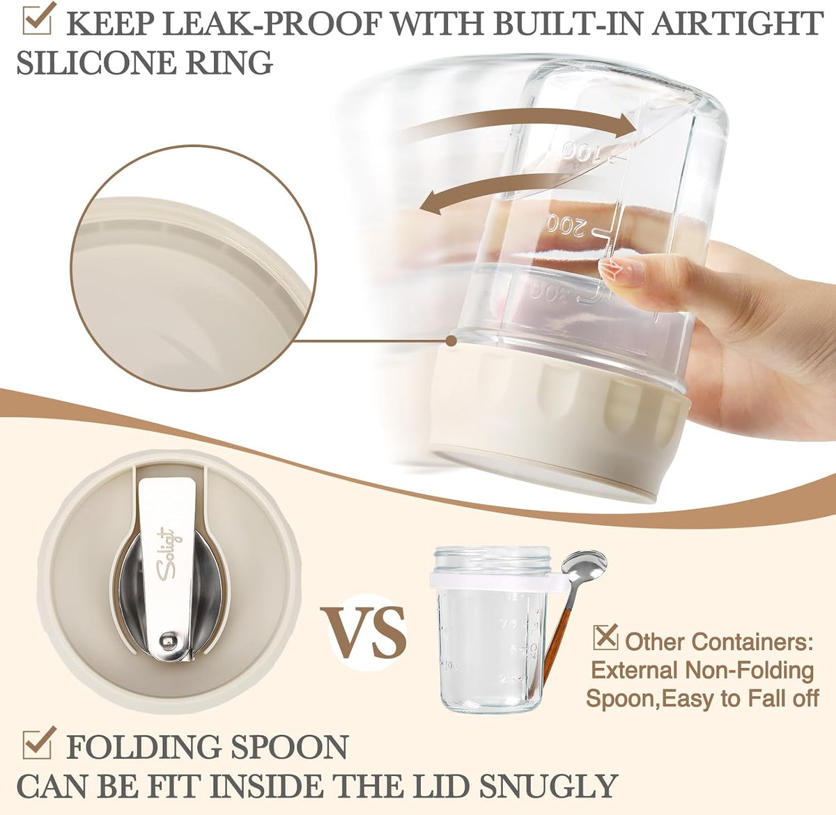 SOLIGT 4 Pack Overnight Oats Containers with Lids, Folding Spoons and Divided Compartments for Fruit & Nuts, Small Glass 16oz Mason Jars for Oatmeal (4 Set-Oat White/Green/Rose/Blue)