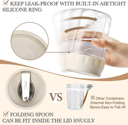 SOLIGT 4 Pack Overnight Oats Containers with Lids, Folding Spoons and Divided Compartments for Fruit & Nuts, Small Glass 16oz Mason Jars for Oatmeal (4 Set-Oat White/Green/Rose/Blue)