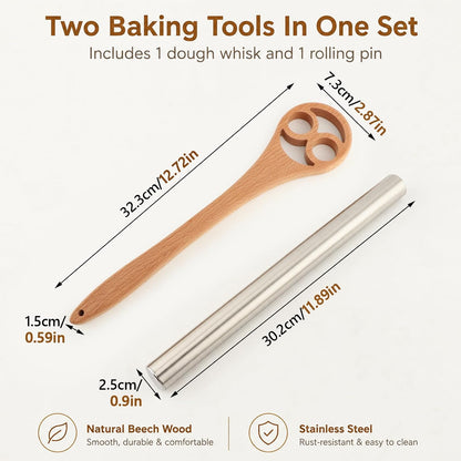 13 Inch Danish Dough Whisk, Wooden Dough Mixer for Sourdough Bread, Batter & Pizza Dough, Kitchen Hand Mixing Tool, Includes Stainless Steel Rolling Pin (Heart Style)