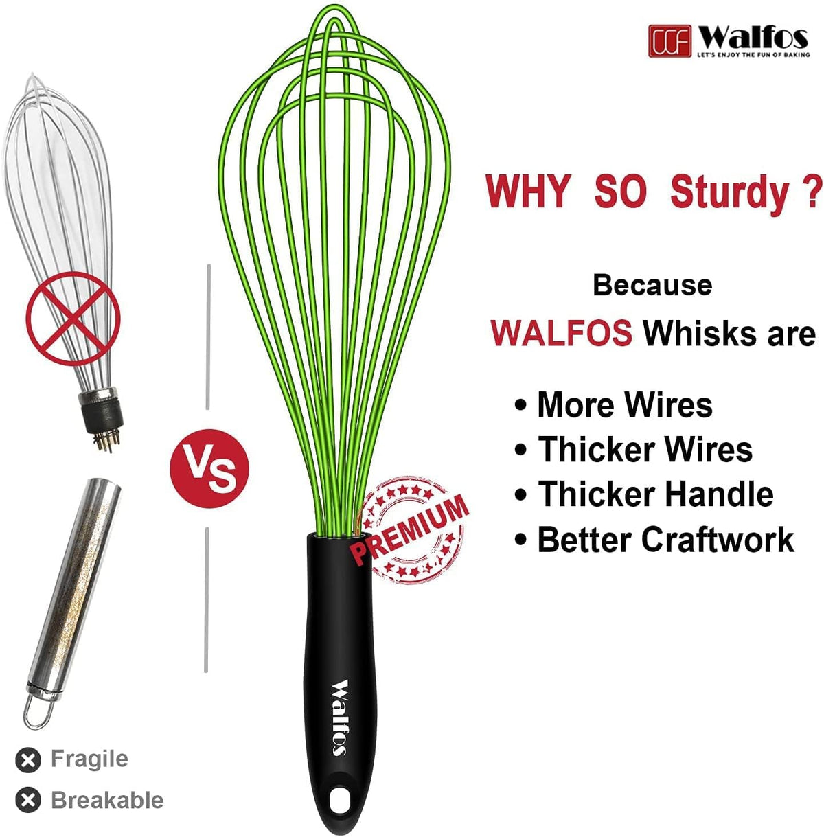 Walfos Silicone Whisk,Stainless Steel Wire Whisk -Heat Resistant 480°F Kitchen Whisks for Non-stick Cookware,Balloon Egg Beater Perfect for Blending,Whisking,Beating,Frothing & Stirring,Black