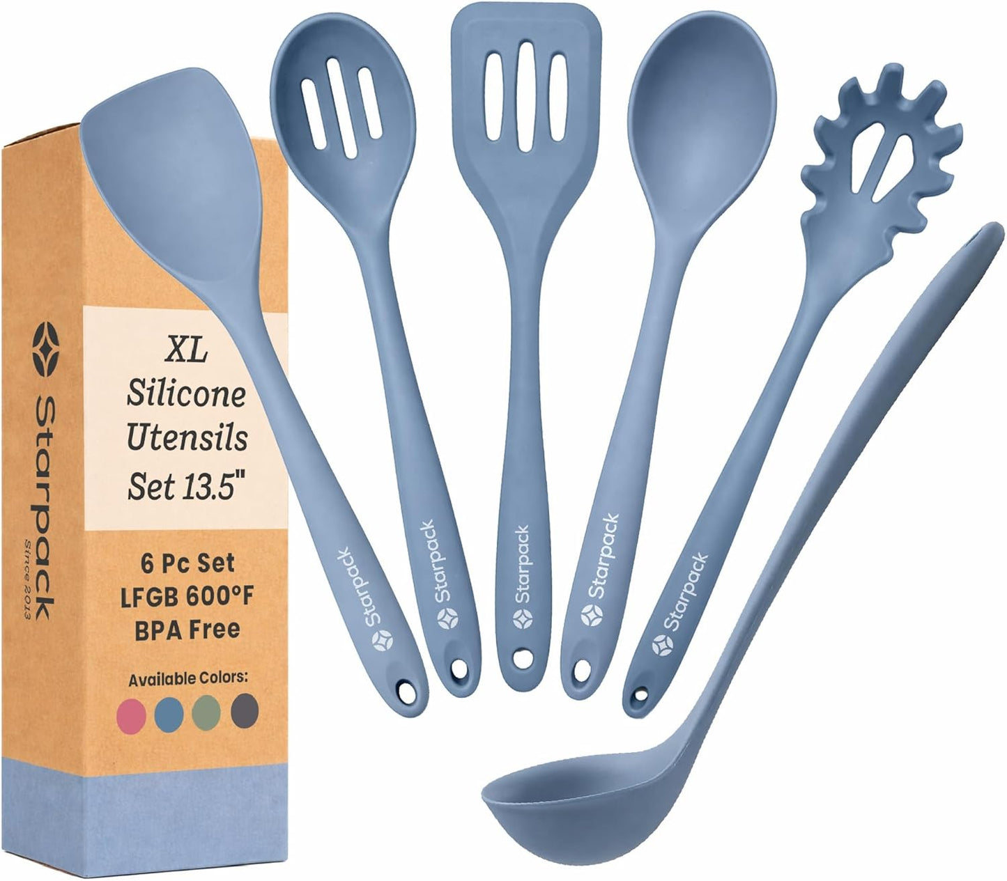 Starpack Like a Boss XL Silicone Cooking Utensils Set (6-Piece, 13.5") - LFGB Certified, 600°F Heat Resistant, BPA-Free - Heavy-Duty Steel Core, Dishwasher Safe - for Nonstick Cookware, Sage Green