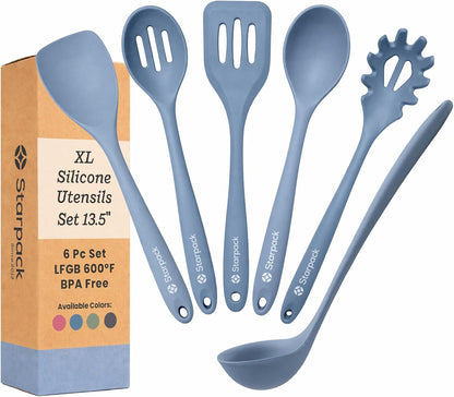 Starpack Like a Boss XL Silicone Cooking Utensils Set (6-Piece, 13.5") - LFGB Certified, 600°F Heat Resistant, BPA-Free - Heavy-Duty Steel Core, Dishwasher Safe - for Nonstick Cookware, Sage Green