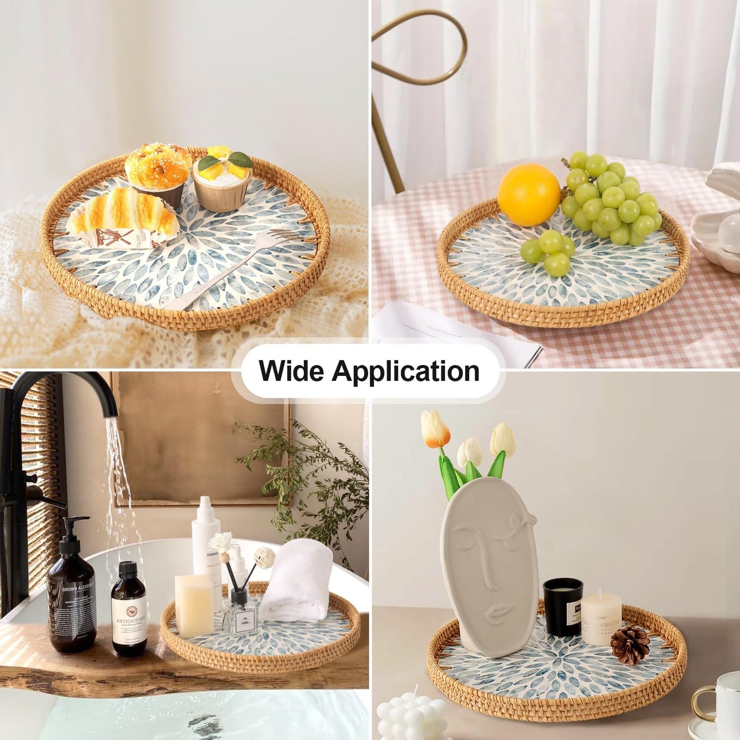 Round Rattan Tray with Mother of Pearl Inlay, Rattan Serving Tray for Coffee, Bread, Fruits, Decorative Wicker Tray for Table Decor, Home Decor, Kitchen Island Decor(Black Checkerboard, 11.8")