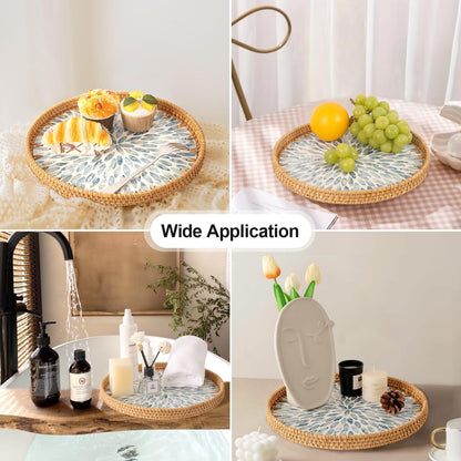 Round Rattan Tray with Mother of Pearl Inlay, Rattan Serving Tray for Coffee, Bread, Fruits, Decorative Wicker Tray for Table Decor, Home Decor, Kitchen Island Decor(Black Checkerboard, 11.8")