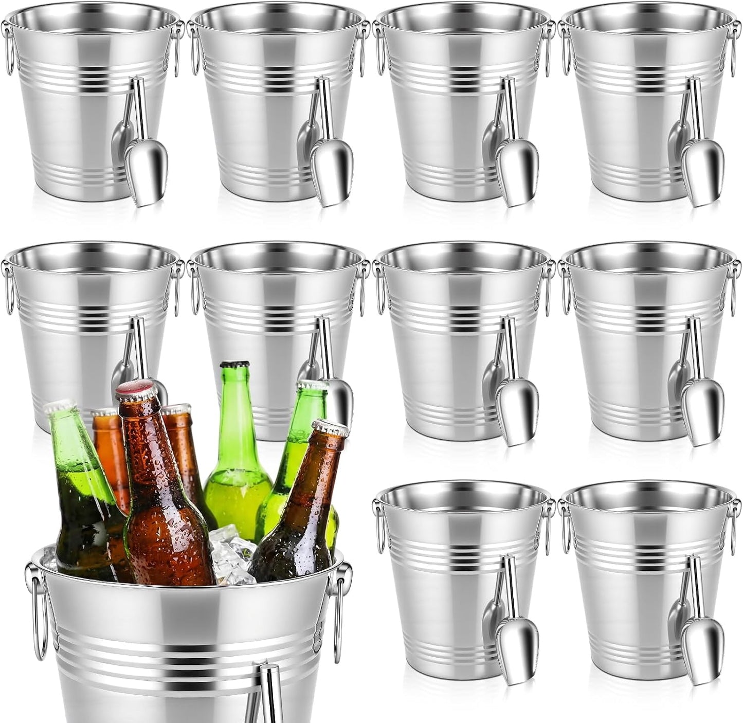 meekoo 10 Set 5.3 QT / 5 L Ice Bucket with Scoop Bulk, Stainless Steel Champagne Ice Bucket for Parties Insulated Wine Chiller Buckets with Handle to Keep Frozen Longer, Ideal for Cocktail Bar Wine