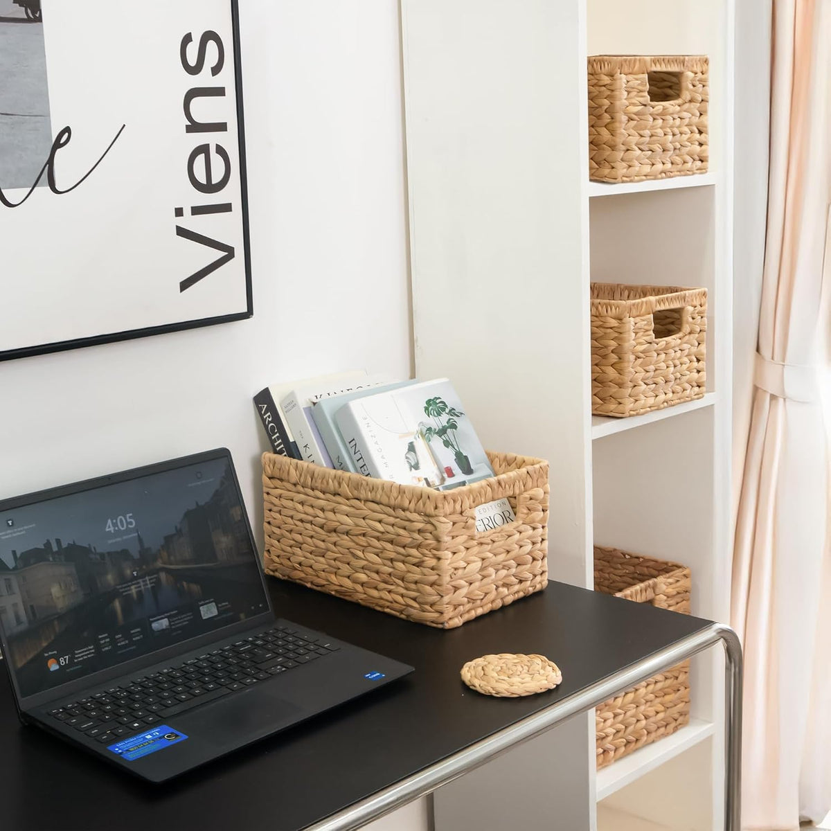 KOKODO Wicker Storage Basket Set of 2, Rectangular Baskets for Shelves with Handles & Chalkboard Labels, Handwoven Water Hyacinth Baskets for Organizing Pantry, Closet & Home.