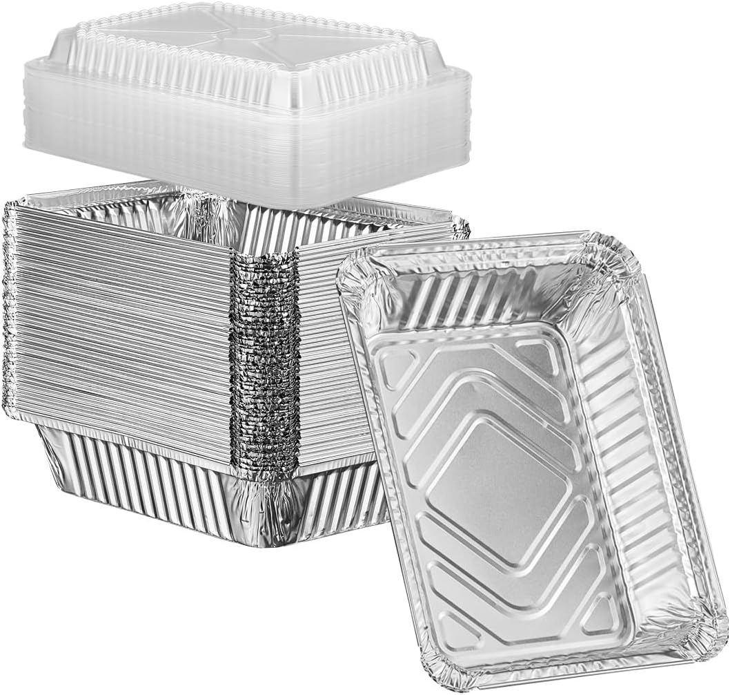 GUSTO [1 lb - 50 Count Disposable Aluminum Foil Pans with Clear Dome Lids, 5x4 Takeout Pans – Great for Baking, Cooking, Storage, and Freezing (Formerly Comfy Package)