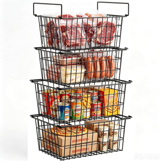 Freezer Organizer Bins, Large Capacity Stackable Baskets for Deep Chest Freezer Easy Get and Sort Bottom Frozen Meats Food Storage Containers Pantry Storage and Organization, 4pcs