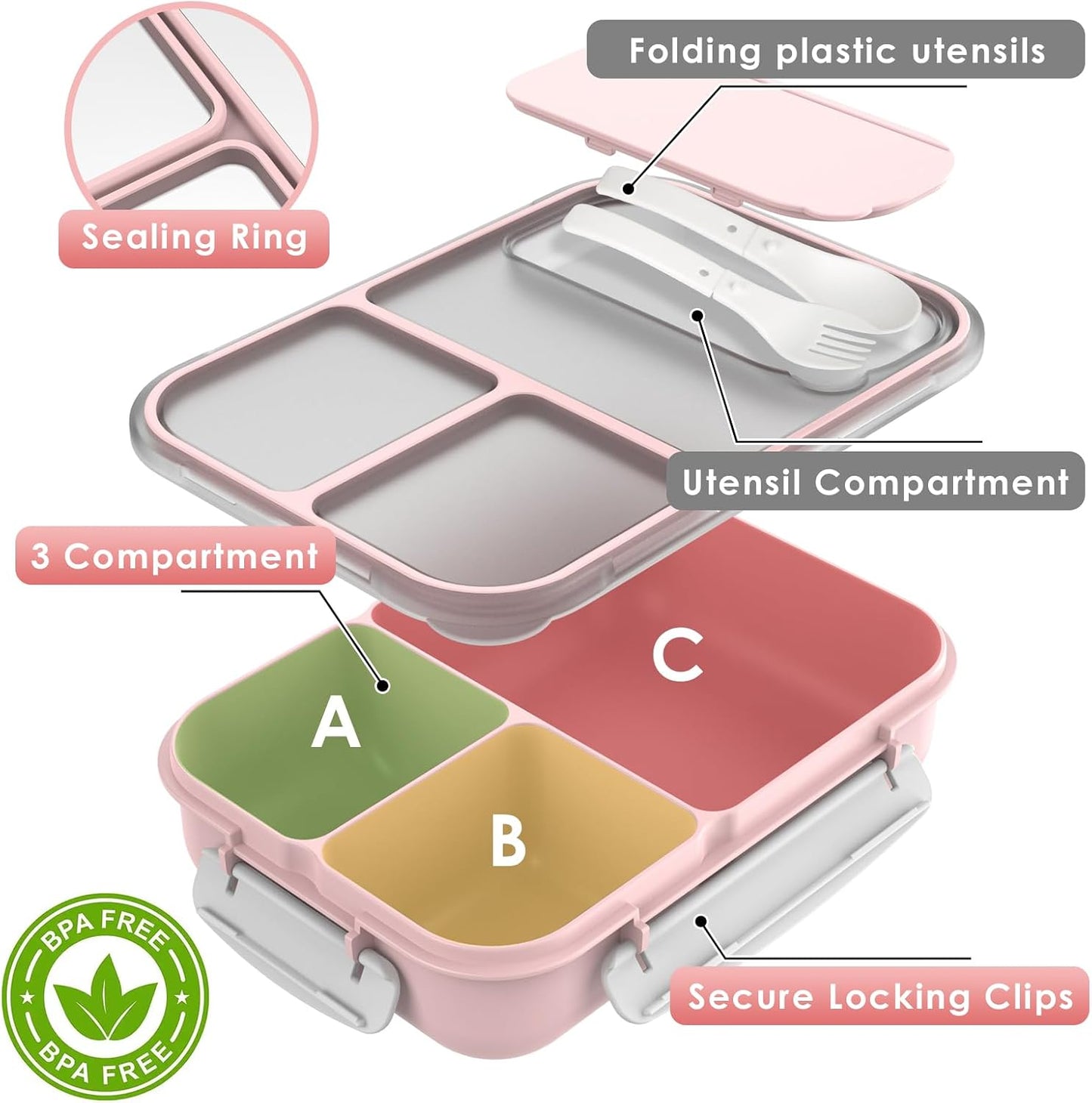 WHALEHOUSE Bento Lunch Box, 1300ML 4 Compartments Meal Prep Container with Utensil, Airtight Food Storage Container with Snap Locking Lids, Microwave/Dishwasher/Freezer Safe, On the Go