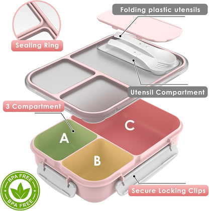 WHALEHOUSE Bento Lunch Box, 1300ML 4 Compartments Meal Prep Container with Utensil, Airtight Food Storage Container with Snap Locking Lids, Microwave/Dishwasher/Freezer Safe, On the Go