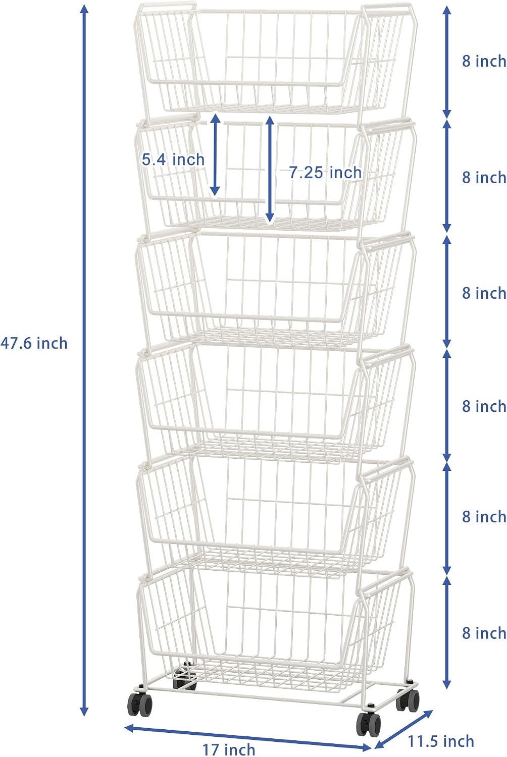 PUSDON 4-Tier Spacious Stackable Wire Storage Baskets with Wheels, Metal Rolling Utility Cart Organizer, Fruit and Vegetable Produce Basket for Kitchen Pantry, Everyday Bathroom Shelf, Silver Grey