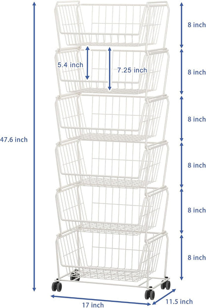 PUSDON 4-Tier Spacious Stackable Wire Storage Baskets with Wheels, Metal Rolling Utility Cart Organizer, Fruit and Vegetable Produce Basket for Kitchen Pantry, Everyday Bathroom Shelf, Silver Grey