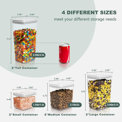 Airtight Food Storage Containers, 4-Piece Set, 1.3-3.5 Qt, Pop-Top Lids | Clear Stackable Pantry Jars for Flour, Sugar, Cereal, Oats, Pasta, Snacks, Baking Ingredients and Small Kitchen Organization