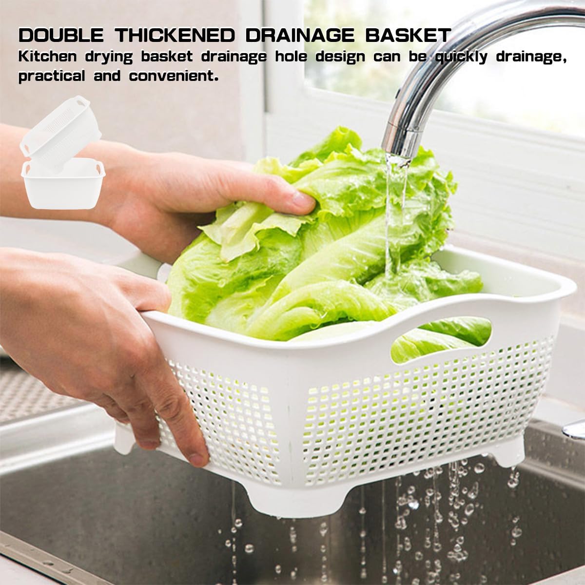 Double-layer Draining Basket Plastic Fruits & Vegetable Washing Basket for Kitchen (Blue)