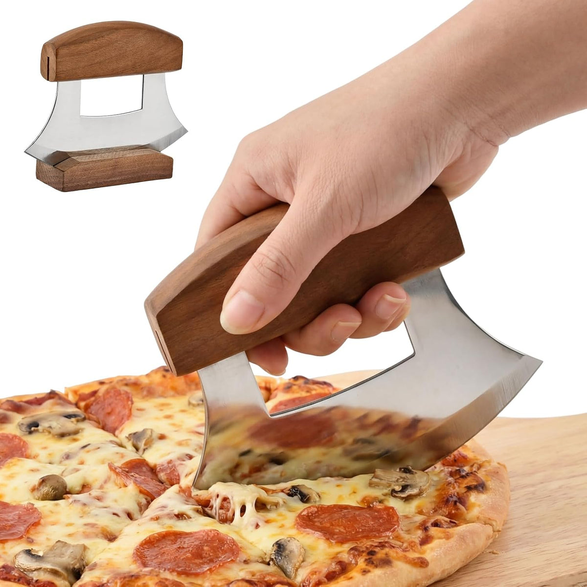 Alaskan Mezzaluna Ulu Knife, Sharp Rocker Mezzaluna Knife with Stand for Cutter Pizza, Meat, Vegetables, Herb, Salad, Chopper with Holder Base(COLOR:Walnut wood)
