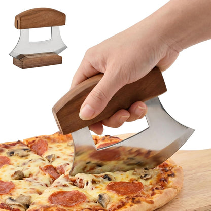 Alaskan Mezzaluna Ulu Knife, Sharp Rocker Mezzaluna Knife with Stand for Cutter Pizza, Meat, Vegetables, Herb, Salad, Chopper with Holder Base(COLOR:Walnut wood)