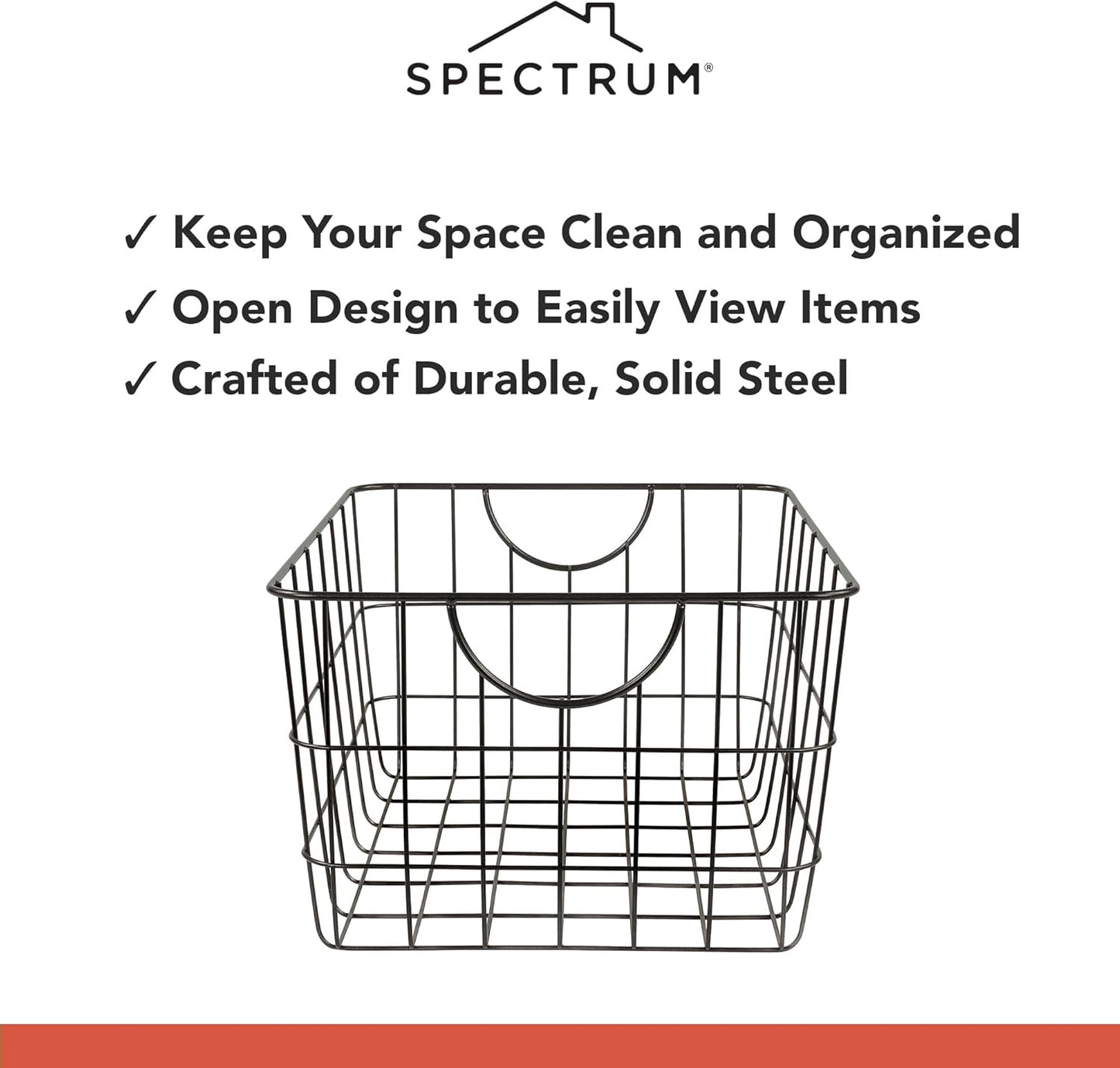 Spectrum Large Wire Basket with Handle Black Metal Utility Storage Bin for Organizing Kitchen Pantry Cabinets Closet and Garage Shelves, Steel Metal Basket Storage Organizer Bin with Handle