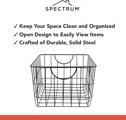 Spectrum Utility Steel Wire Storage Basket for Kitchen Pantry Organization & Closet Shelves with Easy Grip Handles, Durable Metal Basket Organizer with Open Design for Easy Viewing, Industrial Gray