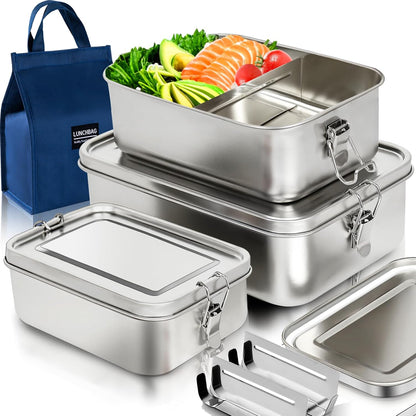 Stainless Steel Lunch Container 2 Pack 304 stainless Steel Bento Box Kids Adult(29oz/19oz),Leak Proof Stainless Steel Snack Containers With 1 Compartment and Lunch Bag