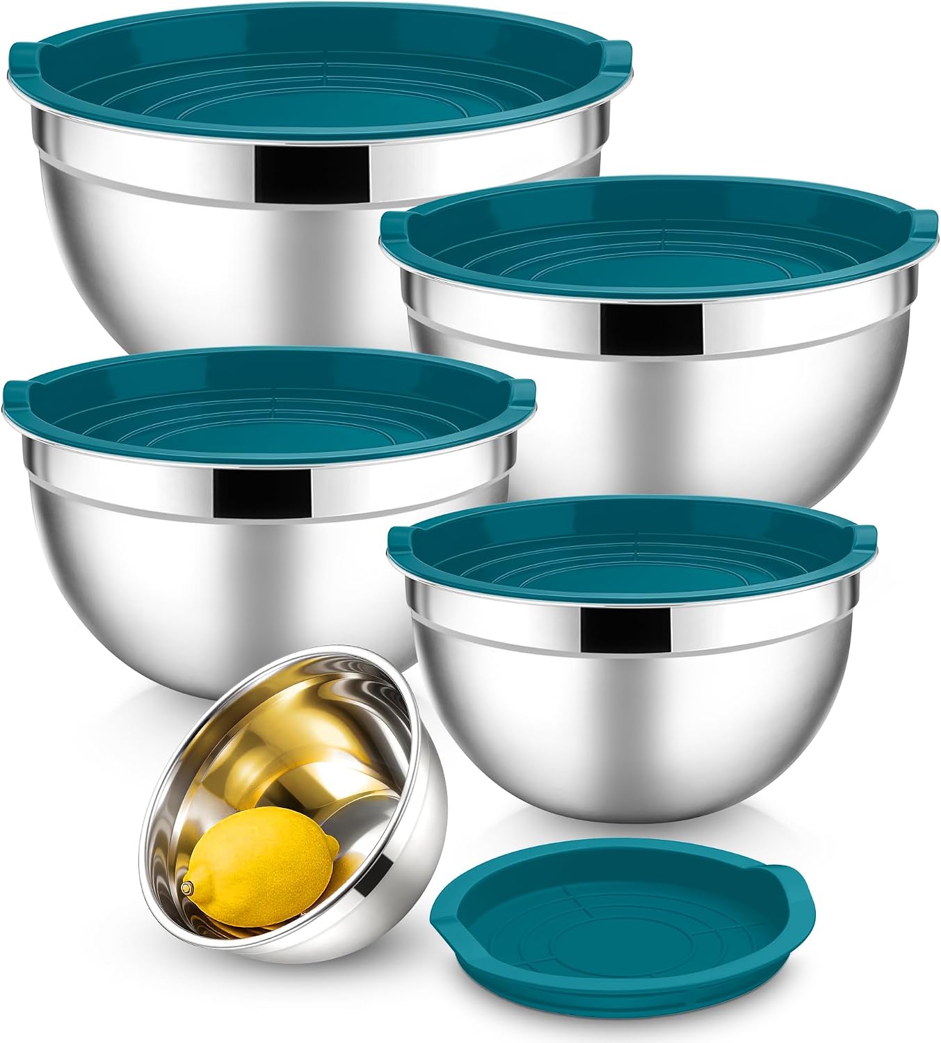 E-far Mixing Bowls With Lids Sets of 5, 10-Piece Stainless Steel Salad Metal Nesting Bowl for Baking Cooking and Prepping, Airtight Lid & Stackable Design, Size 4.6, 3, 2.1, 1.5, 0.7 QT, Black