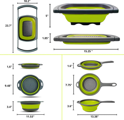 3PCS Green Foldable Kitchen Strainer Set – Silicone Colander Collapsible Strainers and Colanders Green Collander for Kitchen Collapsible Compact Drain Tools for Cooking Prep