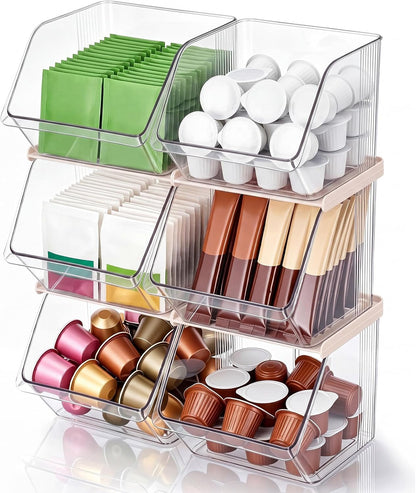 4 Pcs Clear Plastic Storage Bins Stackable Pantry Storage Organizer Kitchen Cabinet Organizers Ideal Containers for Tea Sugar Bag Coffee Pod Office Fridge Caddy