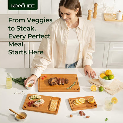 Keechee Wood Cutting Board for Kitchen - Reversible Bamboo Cutting Boards Gift Set of 3 with Juice Groove, Wooden Chopping Board for Meat, Fruit, Vegetables & Cheese (Pre Oiled, Natural)