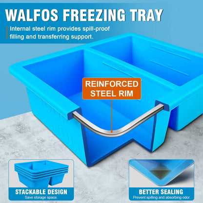Walfos Silicone Freezer Tray with Lid - 1.5Cup Silicone Food Freezer Tray - Soup, Sauce, leftovers, Homemade Meal Prep Freezing Kitchen Storage Containers - 4pcs-blue