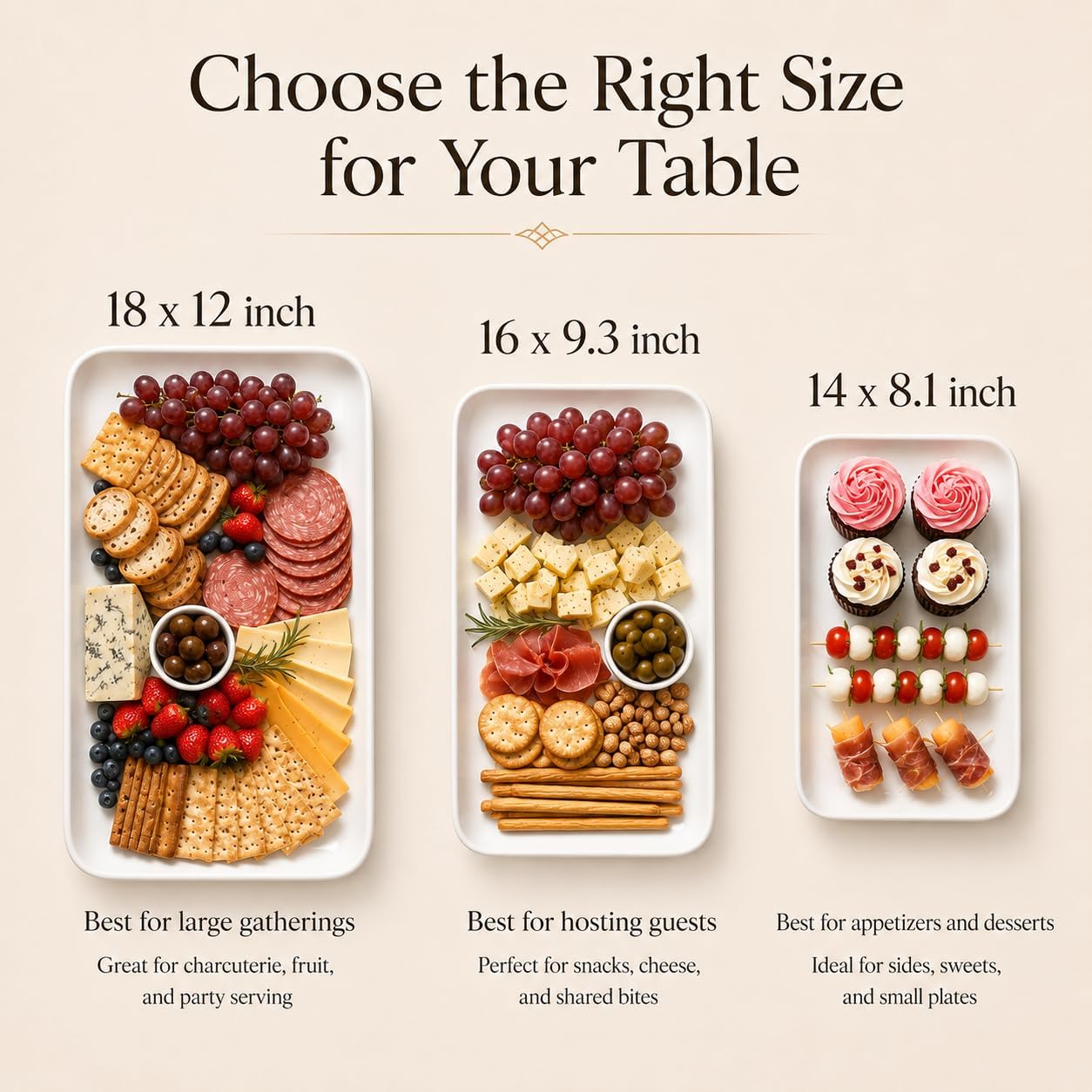 DELLING Large Serving Platter Set of 3, 16/14/12 Inch Porcelain Serving Trays for Party - White Ceramic Rectangular Platters for Entertaining, Appetizer Fruit Tray for Father's Day Shower Dinner