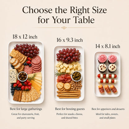 DELLING Large Serving Platter Set of 3, 16/14/12 Inch Porcelain Serving Trays for Party - White Ceramic Rectangular Platters for Entertaining, Appetizer Fruit Tray for Father's Day Shower Dinner