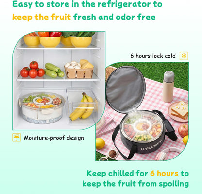 Divided Serving Tray with Lid and Handle, Rounded Snackle Box with 6 Compartments and Chill Base for Fruits, Candy, Veggie, Travel Snack Container with Portable Insulated Bag & Ice Cube Tray & 5 Forks