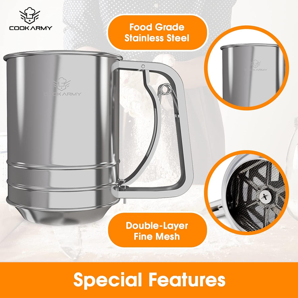 Cook Army Flour Sifter , 3 Cup Stainless Steel , Great Double-layer Baking Sifters for all Baking Flour and Powdered sugar, Flour Strainer