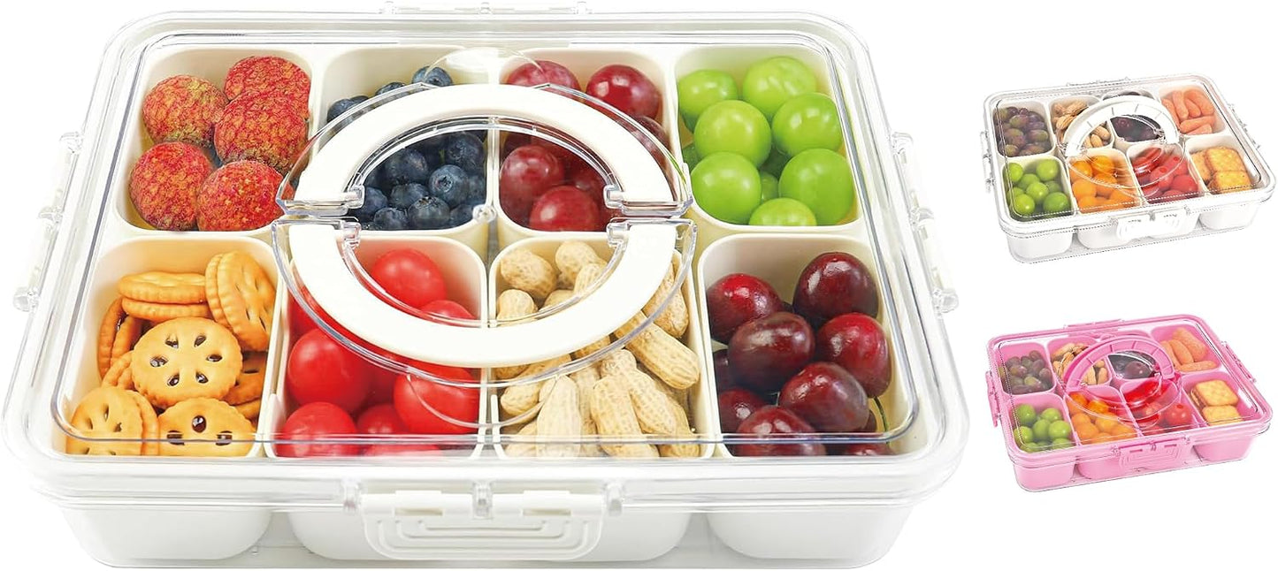 Snackle Box Container, 8 Compartment Divided Serving Tray with Lid and Handle, Snack Box Container for Candy, Fruit and Snacks, Great for Gatherings, Outings, Parties and Entertaining（Pink）