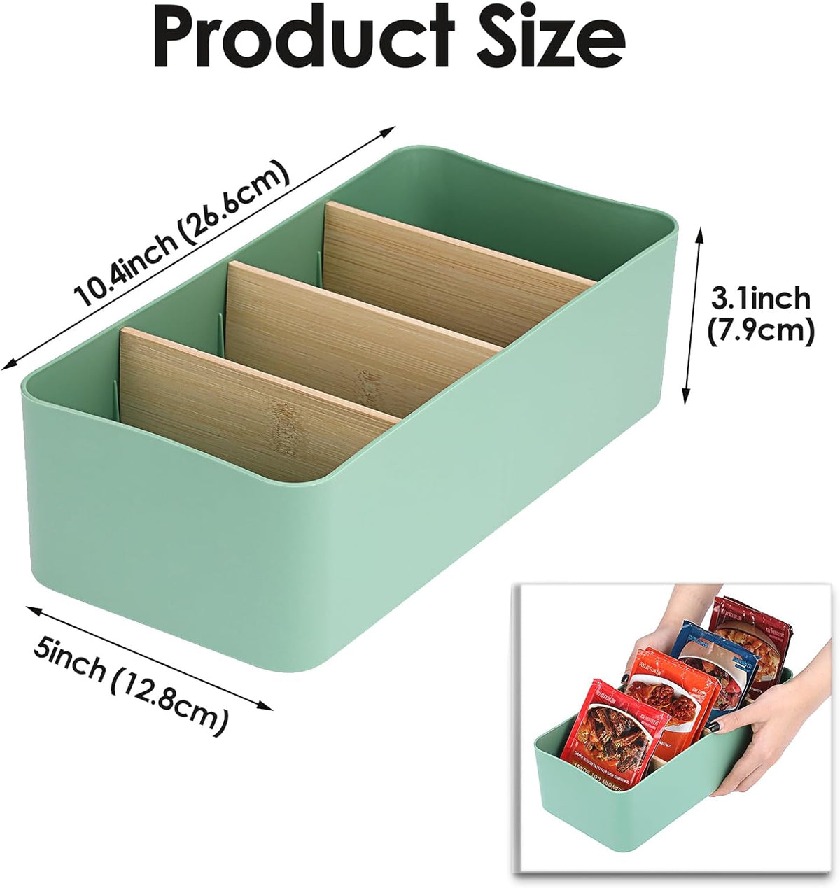 BSTKEY Seasoning Packet Organizer, Food Storage Organizer with Divided 4 Bamboo Wood Compartments, Black Plastic Storage Caddy for Pantry Cabinet, Kitchen Organization Bin for Snacks Spice Packets