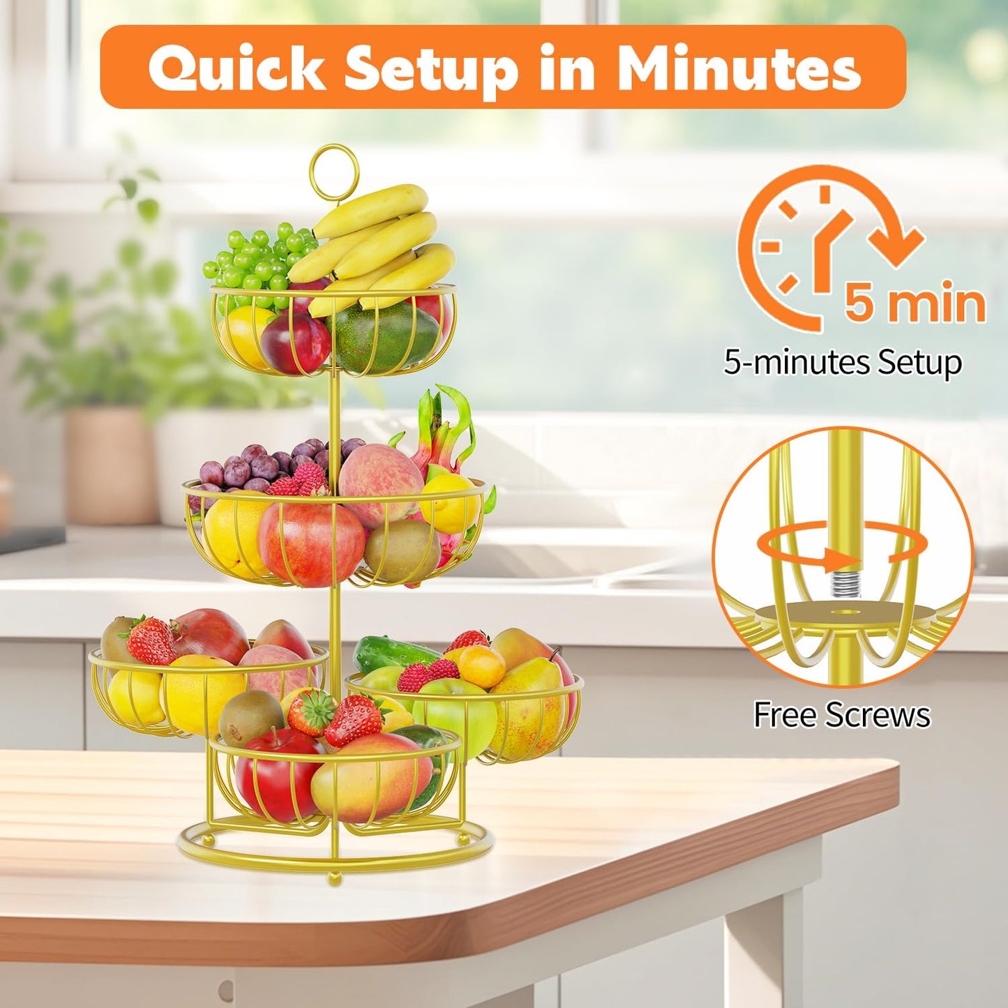 PouHenier.jh 3 Tier Rotating Fruit Basket Bowl, Kitchen Counter Wire Produce Organizer Holder, Stable Vegetable Storage Stand with 2 Banana Hangers, Countertop Tiered Veggie Rack, Easy Setup, Black