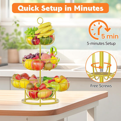 PouHenier.jh 3 Tier Rotating Fruit Basket Bowl, Kitchen Counter Wire Produce Organizer Holder, Stable Vegetable Storage Stand with 2 Banana Hangers, Countertop Tiered Veggie Rack, Easy Setup, Black