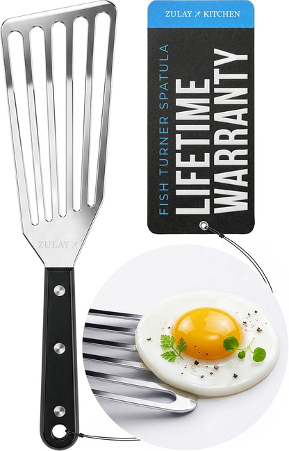 Zulay Kitchen Stainless Steel Fish Turner Spatula - 12.4” Flexible Heat-Resistant Slotted Turner for Non-Stick Cookware - Rust-Proof, Durable & Dishwasher Safe Cooking Utensil for Everyday Use