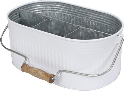 Alpha Living Home Galvanized Metal Utensil Caddy - Rustic Farmhouse Organizer Metal Garden Caddy with 4 Compartments and Wooden Handle for Kitchen, Buffet & Outdoor Events (Silver)