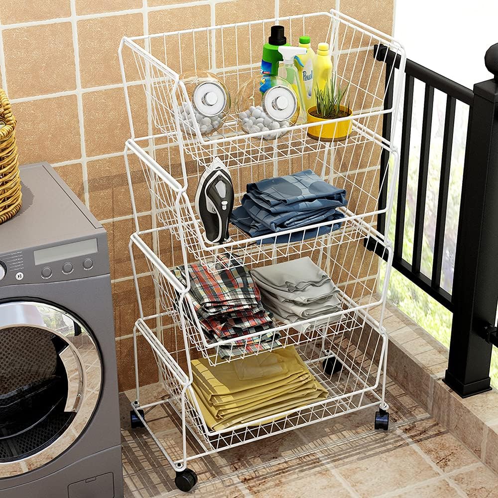 PUSDON 4-Tier Spacious Stackable Wire Storage Baskets with Wheels, Metal Rolling Utility Cart Organizer, Fruit and Vegetable Produce Basket for Kitchen Pantry, Everyday Bathroom Shelf, Silver Grey