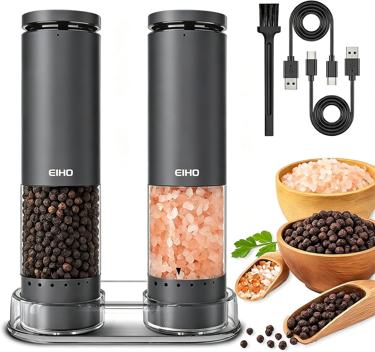 Electric Salt and Pepper Grinder Set Rechargeable, Automatic Salt and Pepper Shakers Mills External Adjustable Coarseness, Kitchen Gadgets, Stocking Stuffers Christmas Cooking Gifts for Men Women